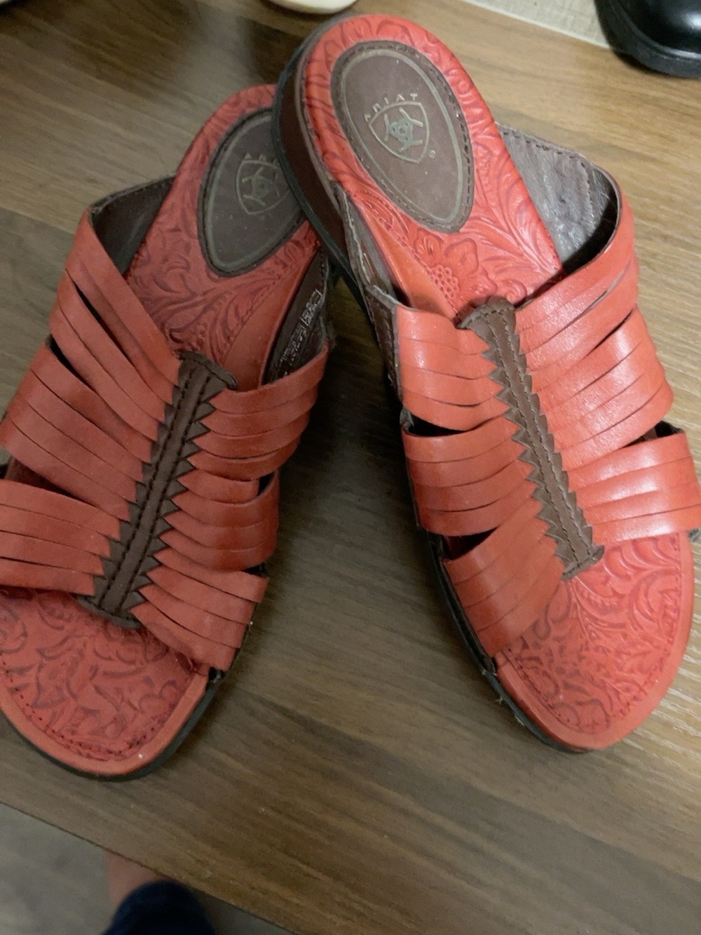 Ariat Red Leather Slide Mules with Brown Trim